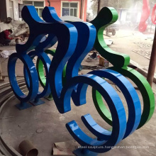 abstract sport theme painted metal stainless steel figure bicycle riding sculpture decoration for stadium and school playground